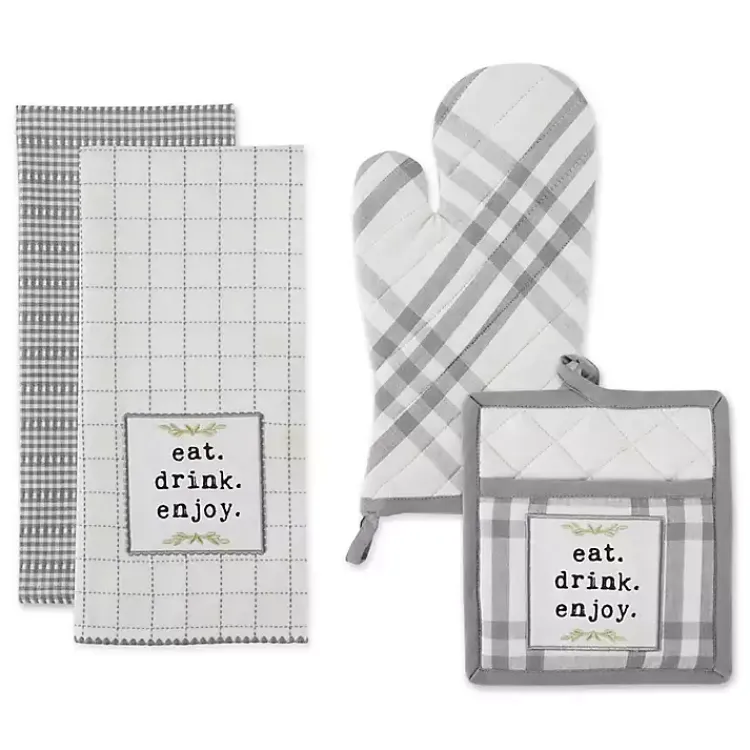 Kitchen Accessories-Kirklands Home Gray Plaid Eat Drink Enjoy 4-pc. Dish Towel Set