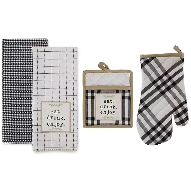 Kitchen Accessories-Kirklands Home Black Plaid Eat Drink Enjoy 4-pc. Dish Towel Set