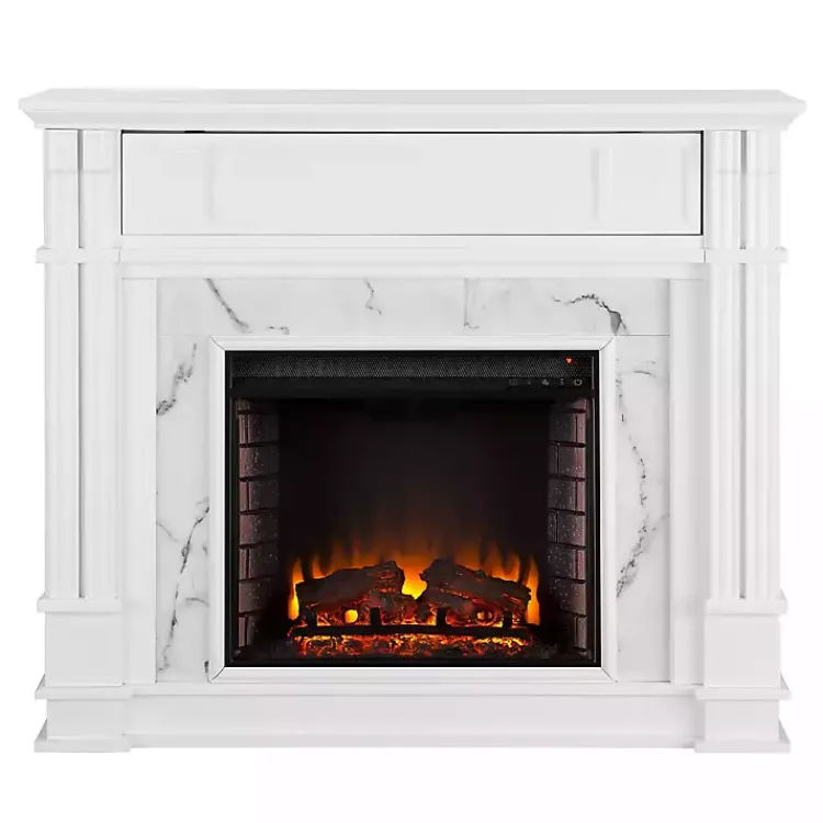 Tv Stands & Media Consoles-Kirklands Home Wood Faux Marble LED Media Fireplace White