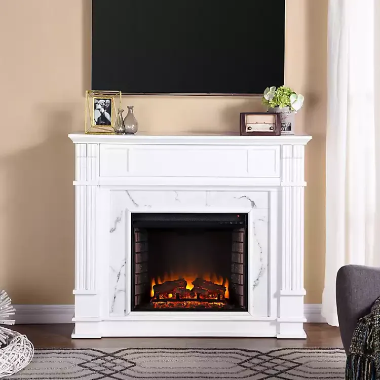 Tv Stands & Media Consoles-Kirklands Home Wood Faux Marble LED Media Fireplace White