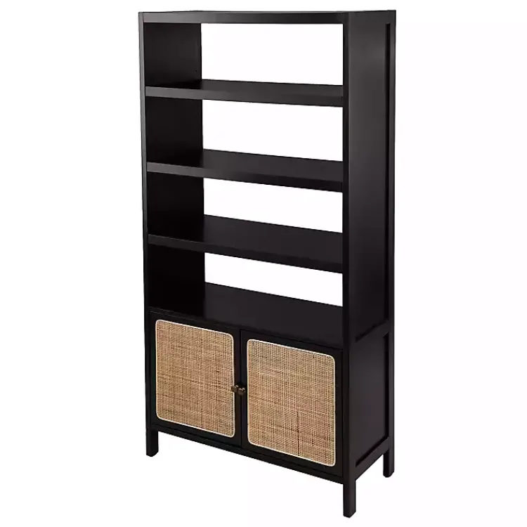 Bookshelves-Kirklands Home Wood Cane Doors Bookshelf Black