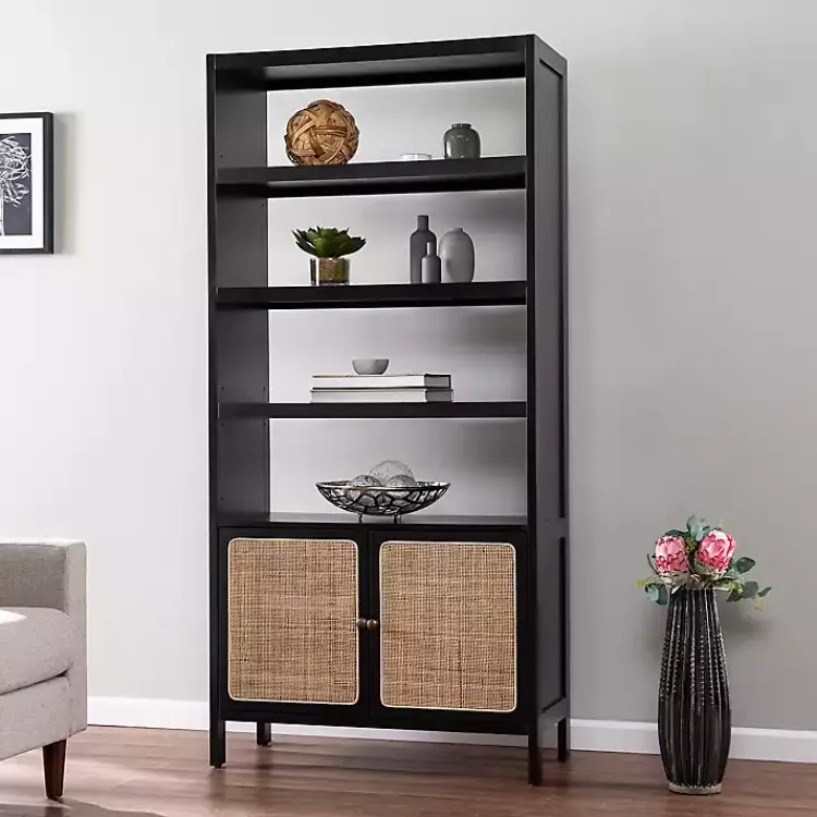 Bookshelves-Kirklands Home Wood Cane Doors Bookshelf Black