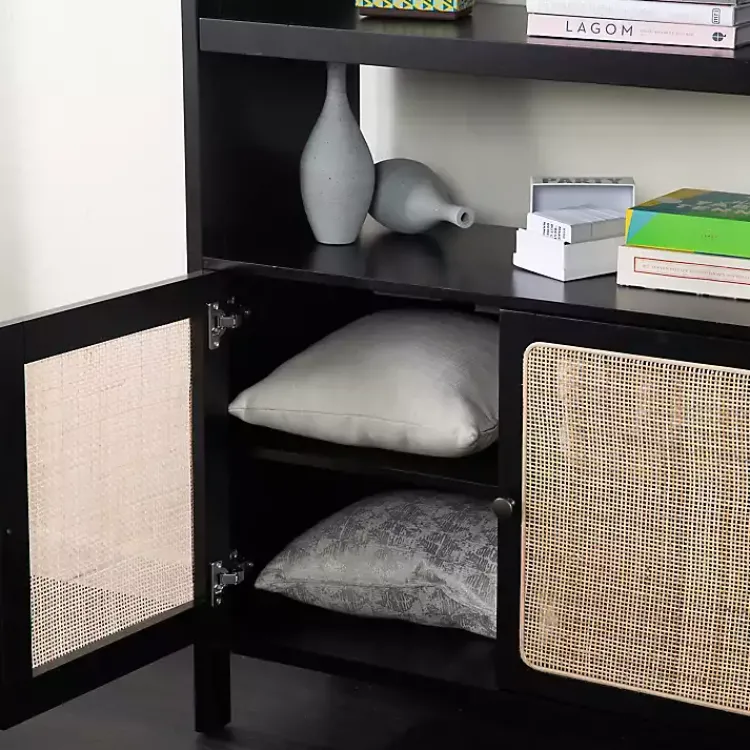 Bookshelves-Kirklands Home Wood Cane Doors Bookshelf Black