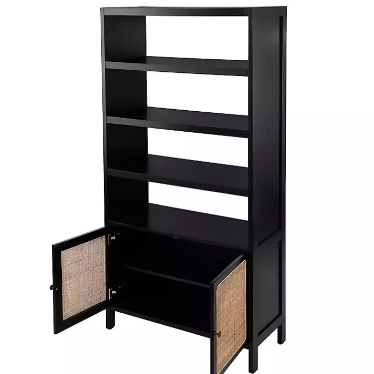 Bookshelves-Kirklands Home Wood Cane Doors Bookshelf Black