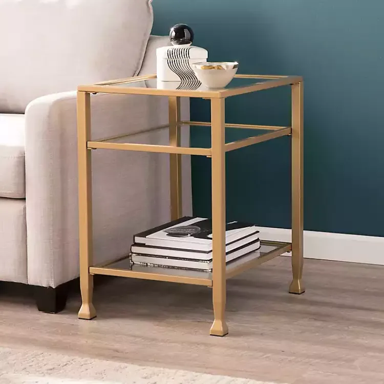 Accent & End Tables-Kirklands Home Metal and Tempered Glass Side Table Gold