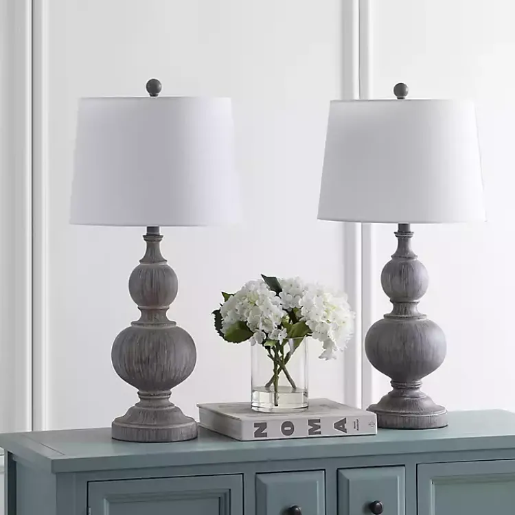 Table Lamps-Kirklands Home Whitewashed Brown Carved 2-pc. Table Lamp Set Ivory
