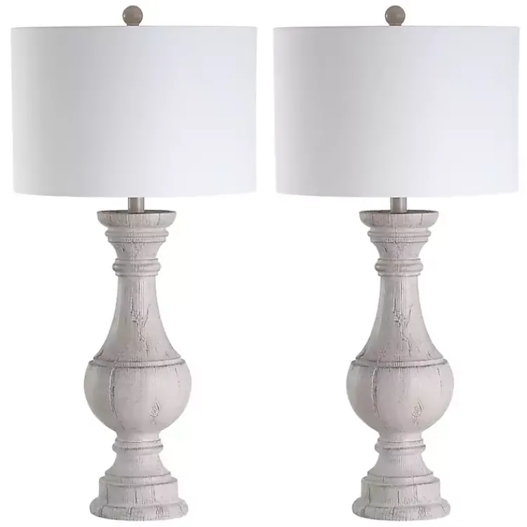 Table Lamps-Kirklands Home Distressed Ivory Faux Wood Table Lamps, Set of 2 White