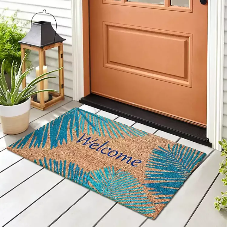 Doormats-Kirklands Home Blue Palm Fronds Welcome Coir Doormat