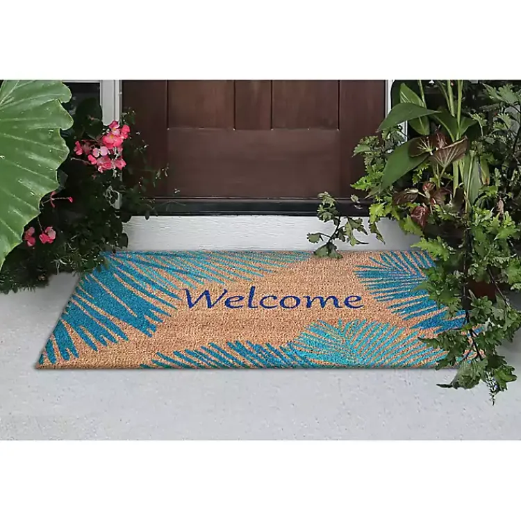 Doormats-Kirklands Home Blue Palm Fronds Welcome Coir Doormat