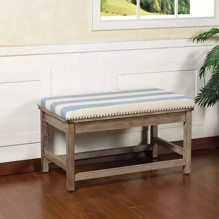 Benches & Ottomans-Kirklands Home Blue and White Striped Upholstered Wood Bench