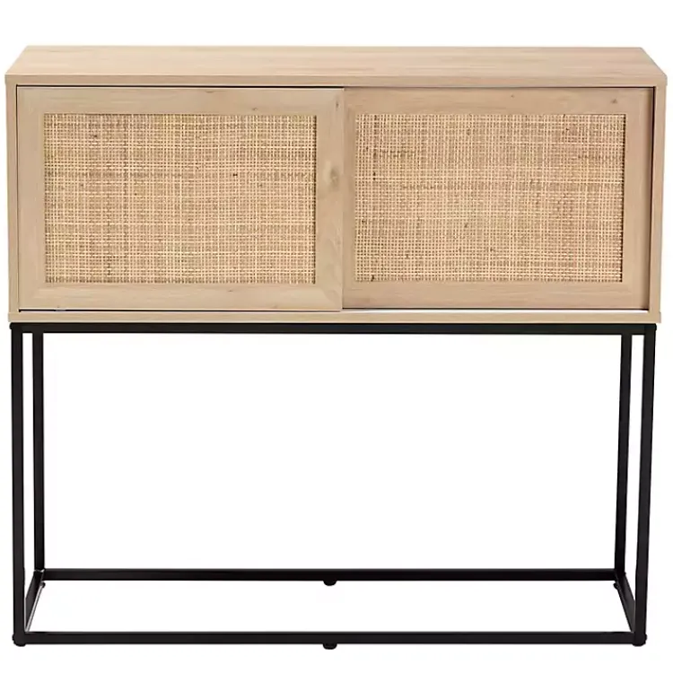 Cabinets & Sideboards-Kirklands Home Light Wood and Rat Sliding Door Cabinet Tan