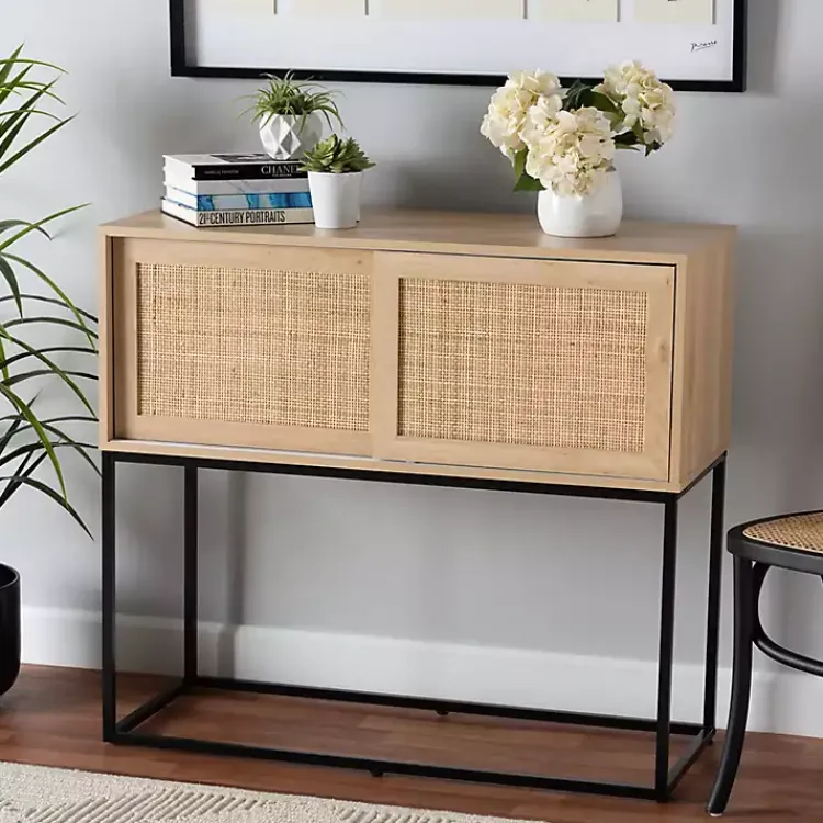 Cabinets & Sideboards-Kirklands Home Light Wood and Rat Sliding Door Cabinet Tan