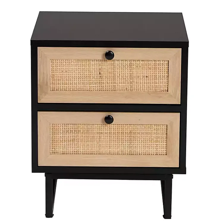Nightstands-Kirklands Home Wood and Rattan 2-Drawer Nightstand Black