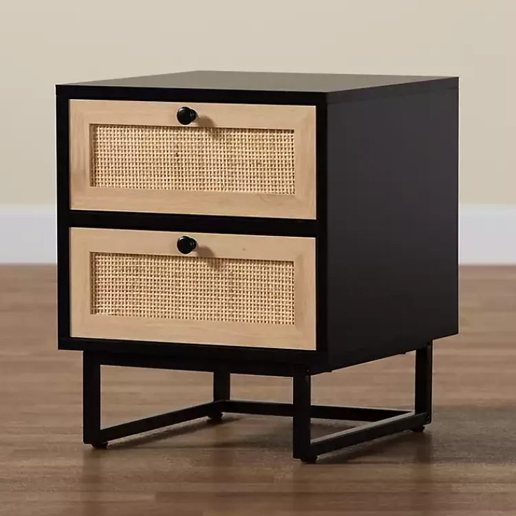 Nightstands-Kirklands Home Wood and Rattan 2-Drawer Nightstand Black