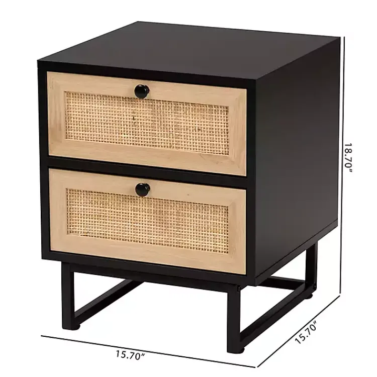 Nightstands-Kirklands Home Wood and Rattan 2-Drawer Nightstand Black