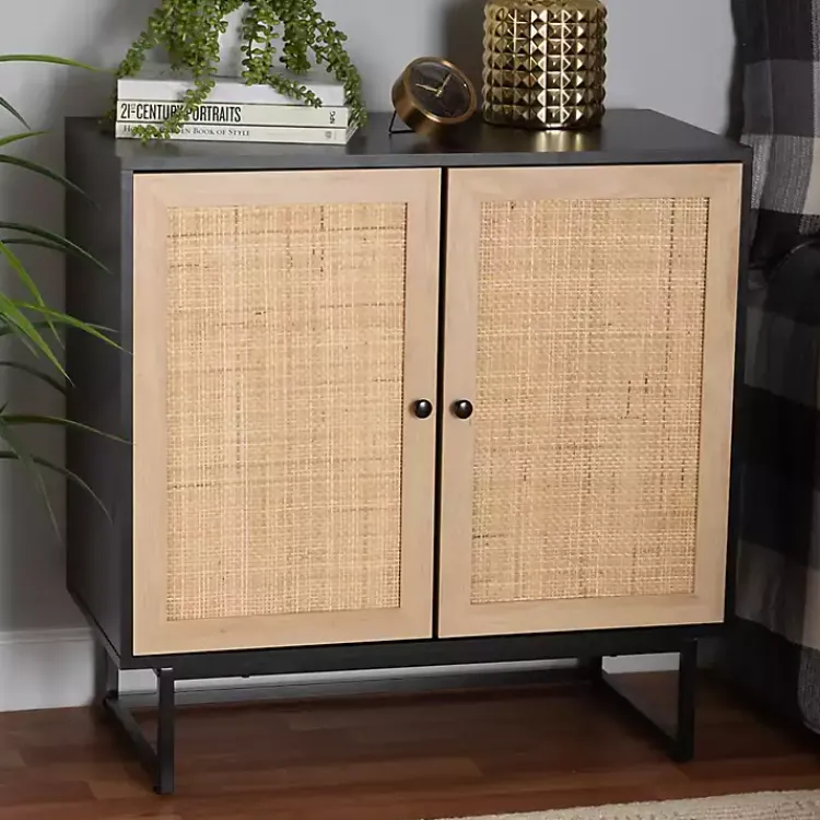 Cabinets & Sideboards-Kirklands Home Wood and Rattan 2-Door Cabinet Black
