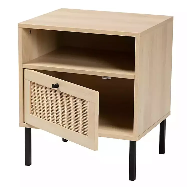 Nightstands-Kirklands Home Natural Wood and Metal Storage Shelf Nightsd Tan