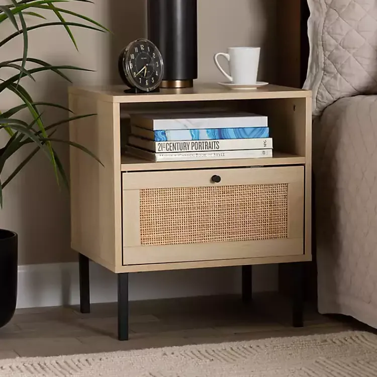 Nightstands-Kirklands Home Natural Wood and Metal Storage Shelf Nightsd Tan