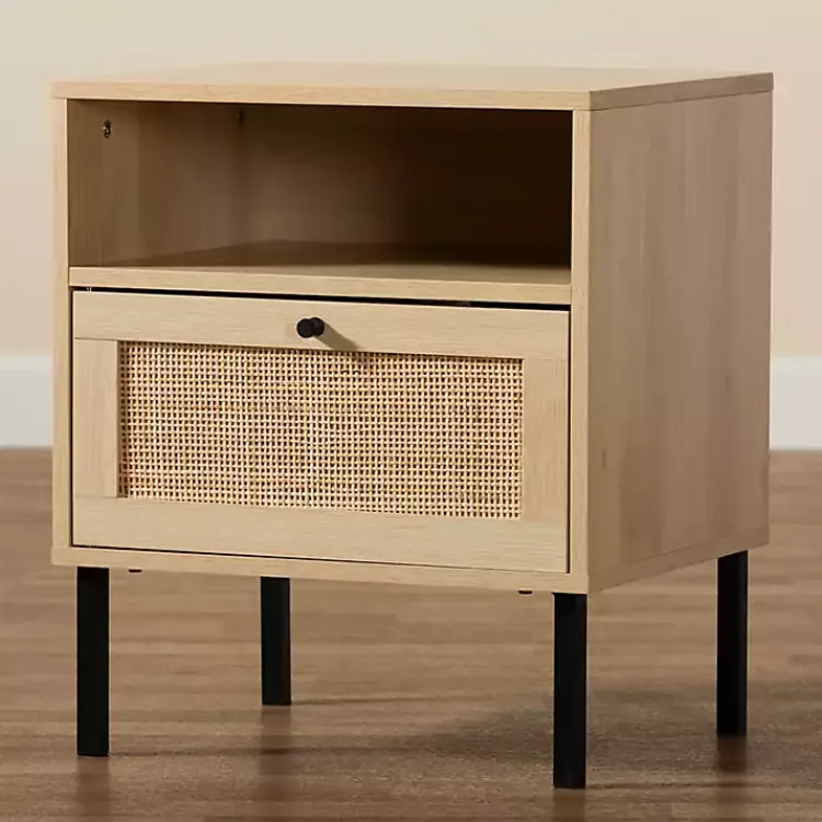 Nightstands-Kirklands Home Natural Wood and Metal Storage Shelf Nightsd Tan