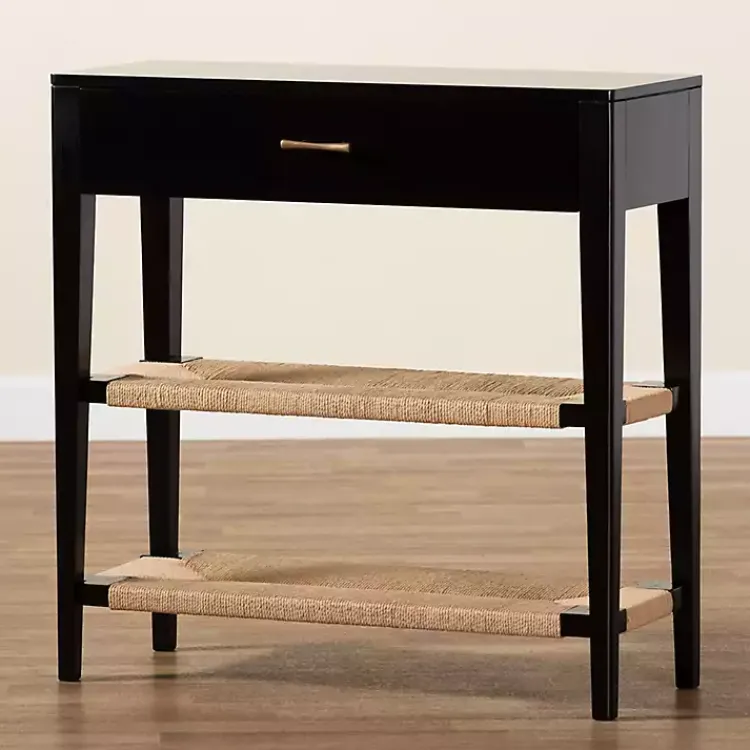 Console Tables-Kirklands Home Wood Woven Shelves Console Table Black