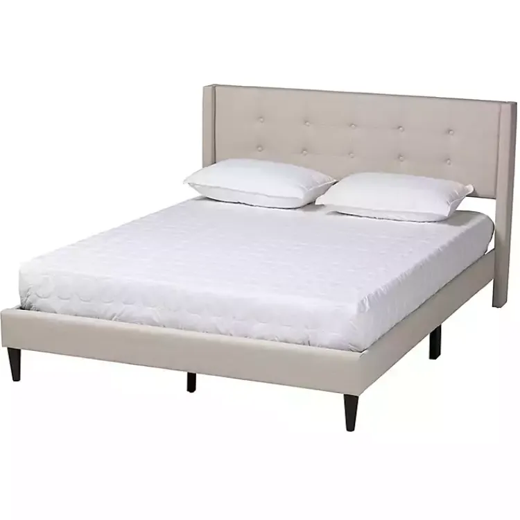 Beds & Headboards-Kirklands Home Beige Button Tufted Headboard Queen Bed Frame Tan