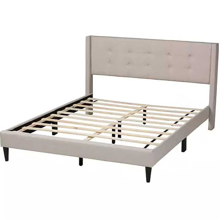 Beds & Headboards-Kirklands Home Beige Button Tufted Headboard Queen Bed Frame Tan