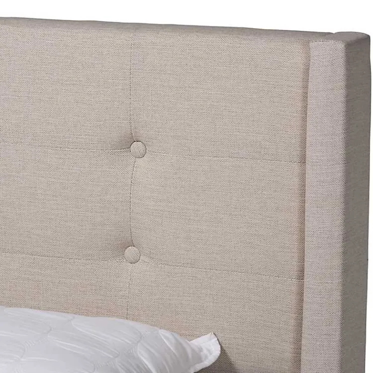 Beds & Headboards-Kirklands Home Beige Button Tufted Headboard Queen Bed Frame Tan