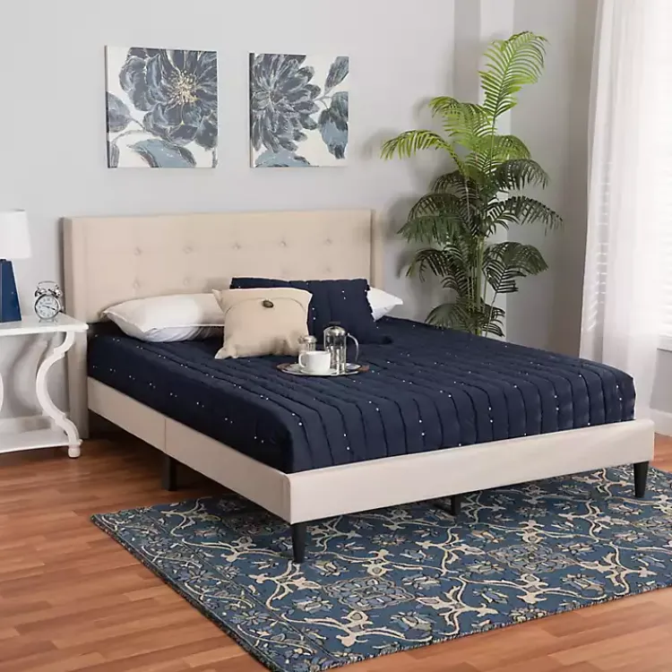 Beds & Headboards-Kirklands Home Beige Button Tufted Headboard Queen Bed Frame Tan