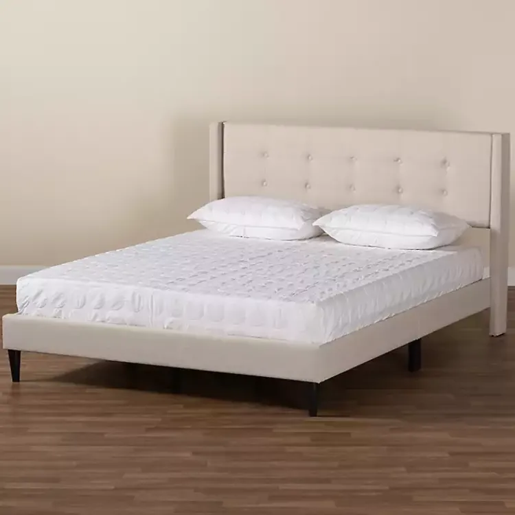 Beds & Headboards-Kirklands Home Beige Button Tufted Headboard Queen Bed Frame Tan