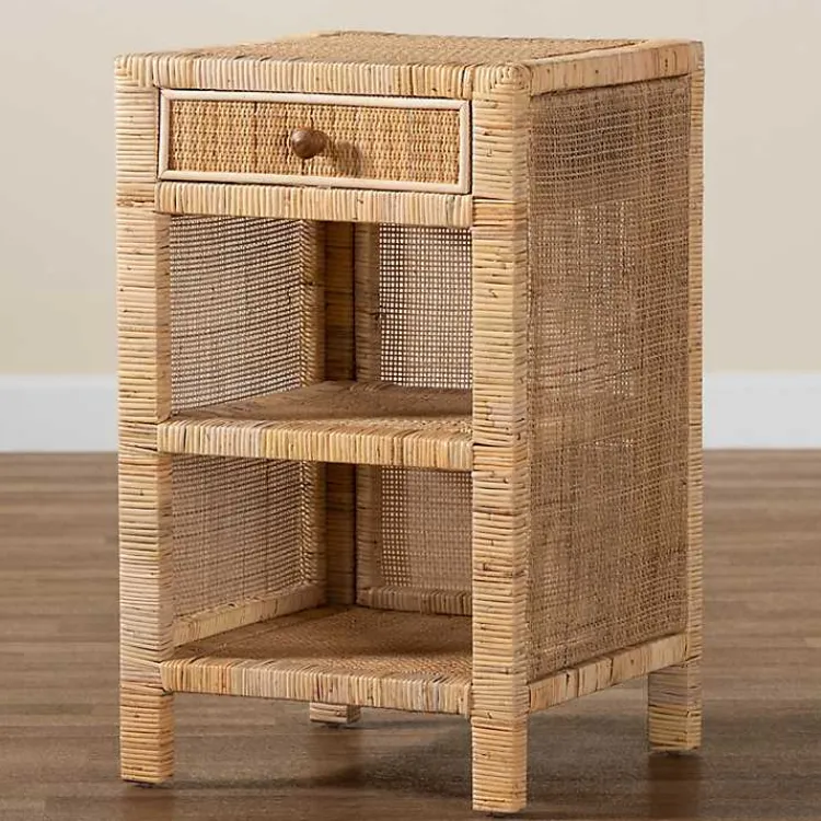 Nightstands-Kirklands Home Woven Rat and Mahogany Wood Nightsd Tan