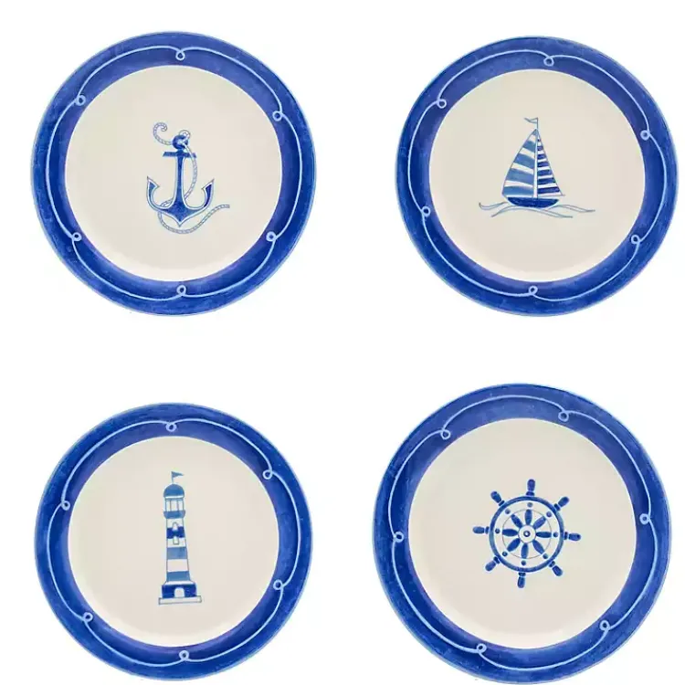 Dinnerware-Kirklands Home White and Blue Nautical Salad Plate Set, Set of 4