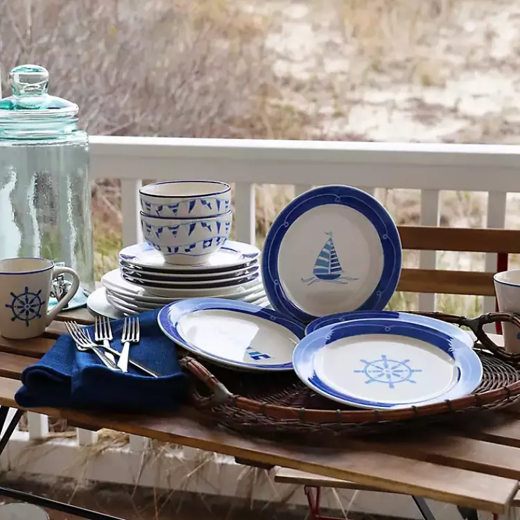 Dinnerware-Kirklands Home White and Blue Nautical Salad Plate Set, Set of 4