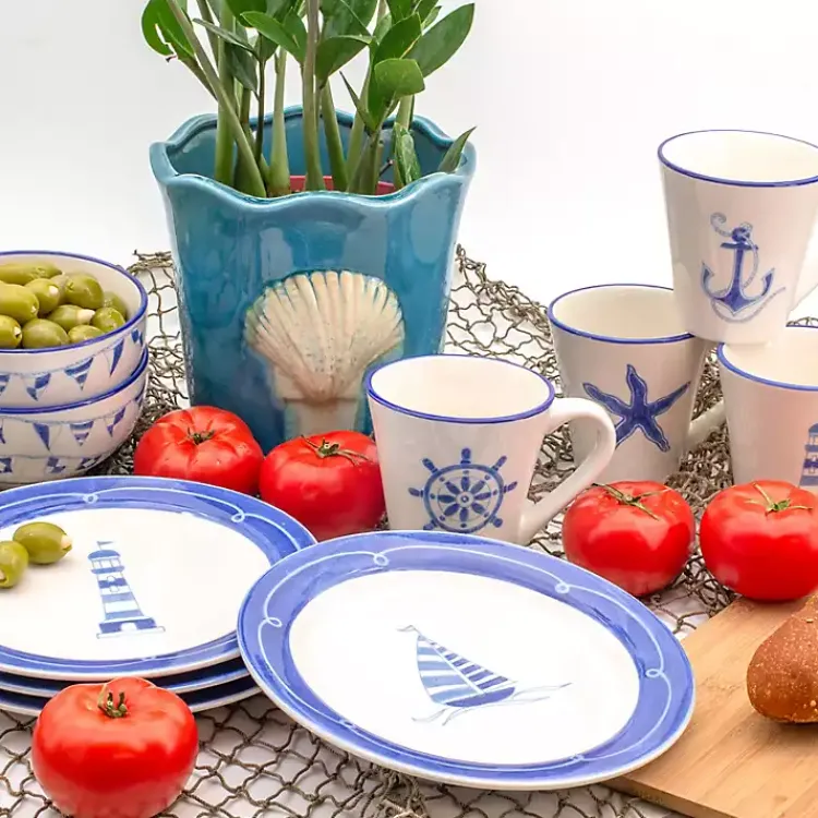 Glassware & Drinkware-Kirklands Home White and Blue Nautical Mugs, Set of 4