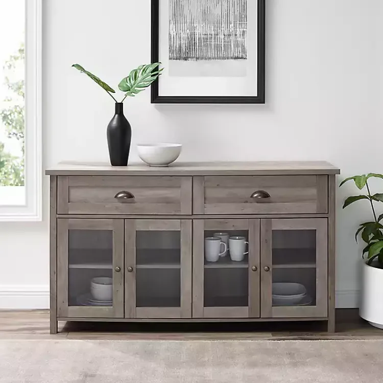 Cabinets & Sideboards-Kirklands Home wash Rustic Glass Front Sideboard Gray