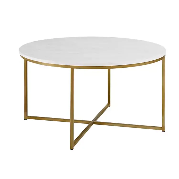 Coffee Tables-Kirklands Home Faux Marble & Gold X-Base Coffee Table White