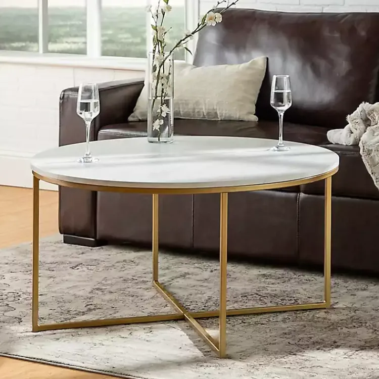 Coffee Tables-Kirklands Home Faux Marble & Gold X-Base Coffee Table White