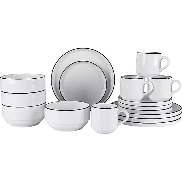 Dinnerware-Kirklands Home with Black Rims 16-pc. Dinnerware Set White