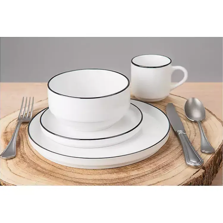 Dinnerware-Kirklands Home with Black Rims 16-pc. Dinnerware Set White