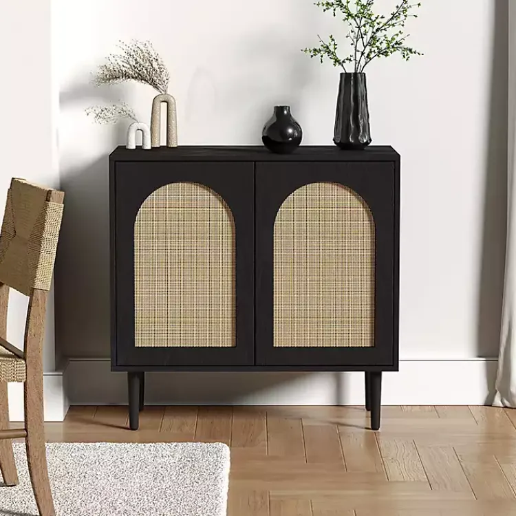 Cabinets & Sideboards-Kirklands Home Wood and Arched Rattan 2-Door Cabinet Black
