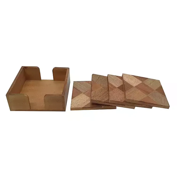Kitchen Accessories-Kirklands Home Wood Tile Coasters and Holder, Set of 5 Brown