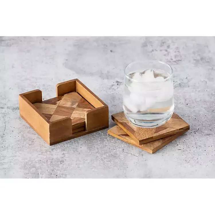 Kitchen Accessories-Kirklands Home Wood Tile Coasters and Holder, Set of 5 Brown