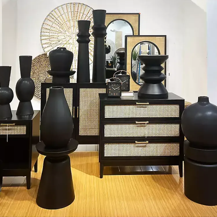 Nightstands-Kirklands Home Wood and Natural Rattan Drawer Nightstand Black