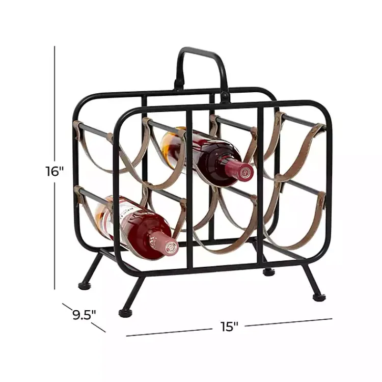 Barware-Kirklands Home Black Metal and Faux Leather Wine Rack
