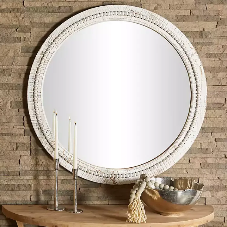 Decorative Mirrors-Kirklands Home Round Whitewash Beaded Wall Mirror