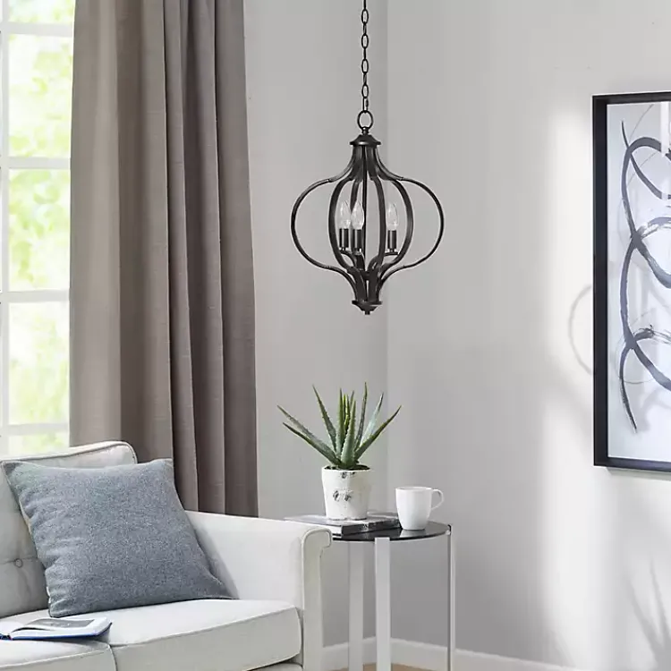 Chandeliers & Pendant Lighting-Kirklands Home Round Iron Ornate Pendant Light Black