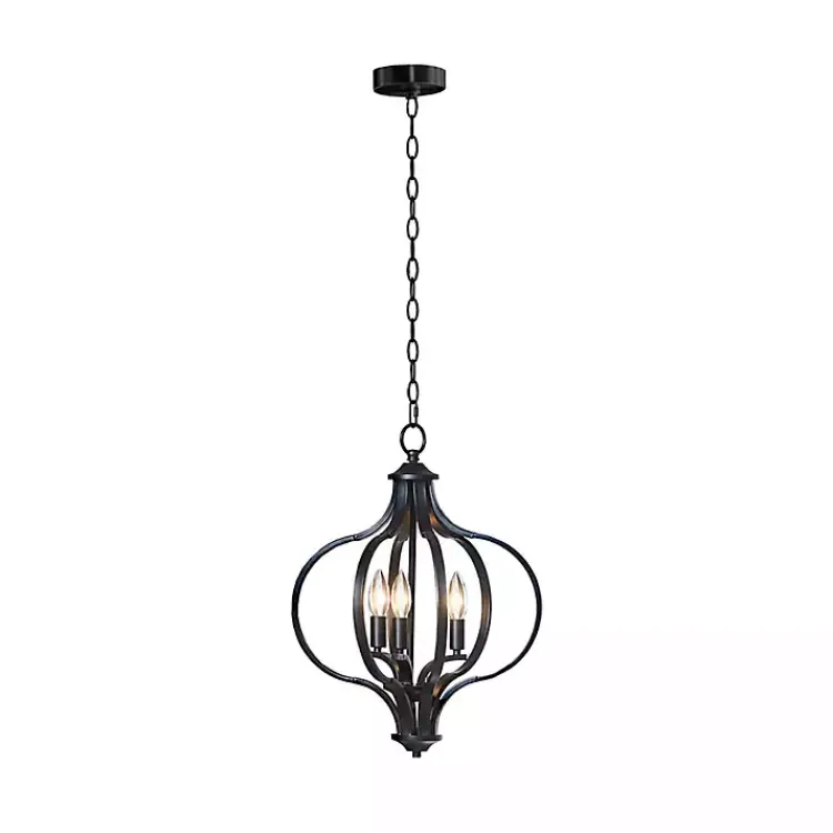Chandeliers & Pendant Lighting-Kirklands Home Round Iron Ornate Pendant Light Black