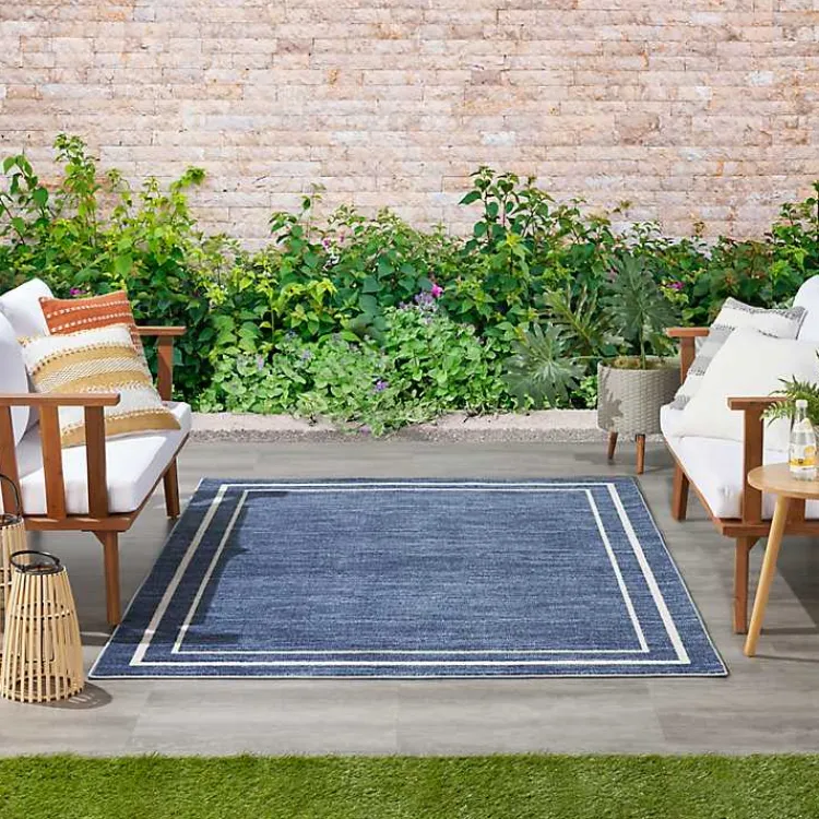 Outdoor Rugs-Kirklands Home Navy Bordered Indoor/Outdoor Area Rug, 6x9 Blue