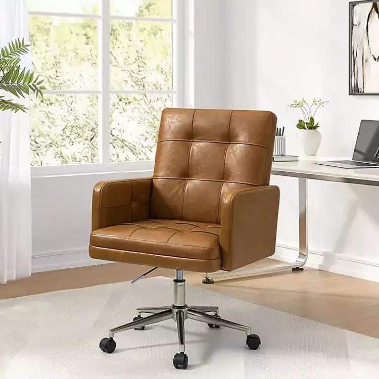 Office Furniture-Kirklands Home Camel Tufted Faux Leather Swivel Office Chair Tan