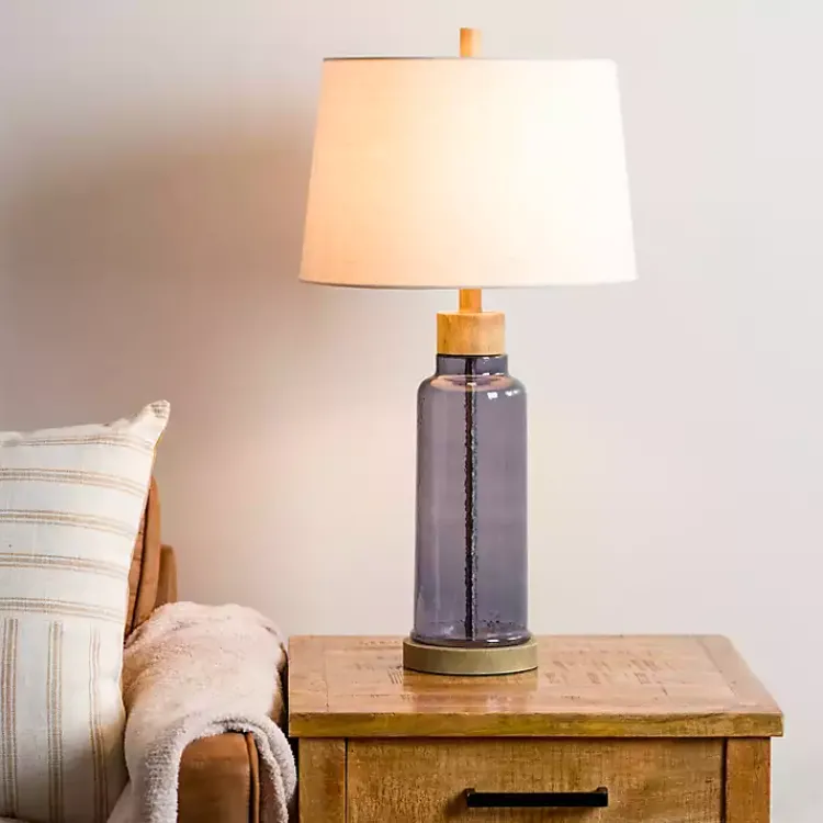 Table Lamps-Kirklands Home Blue Glass with Wood Trim Table Lamp Ivory