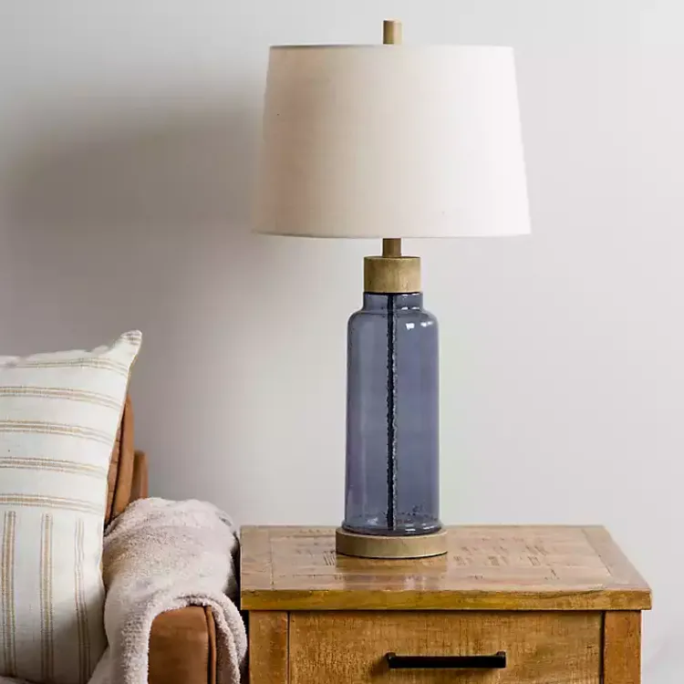 Table Lamps-Kirklands Home Blue Glass with Wood Trim Table Lamp Ivory